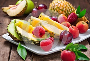 fresh fruits on a plate and fruits are displayed on a wooden table
