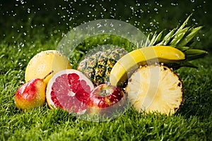 Fresh fruits in the rain.