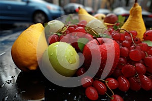 Fresh fruits on a rain soaked street, captured from an elevated angle