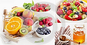 Fresh fruits salad with honey and berries.