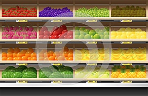 Fresh fruits for sale display on shelf in supermarket