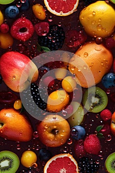 Fresh fruits seamless background, adorned with glistening droplets of water. Generative AI