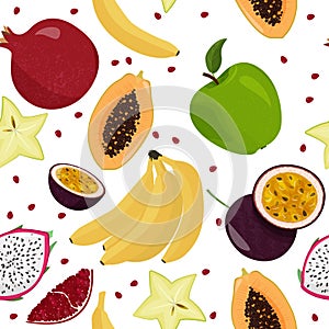 Fresh fruits seamless vector pattern. Bananas, green apples, dragon fruit, carambola, pomegranate and passion fruit background