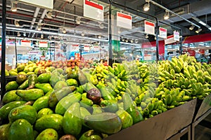 Fresh fruits on shelf in supermarket.