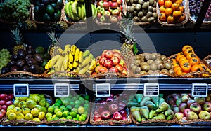 Fresh fruits on shelf of supermarket