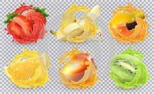 Fresh fruits and splashes, 3d realistic vector icon set