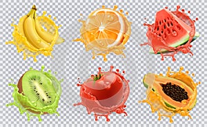 Fresh fruits and splashes, 3d vector icon set