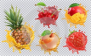 Fresh fruits and splashes, 3d vector icon set