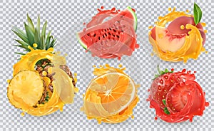 Fresh fruits and splashes, 3d vector icon set