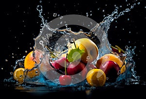 Fresh fruits splashing into blue clear water