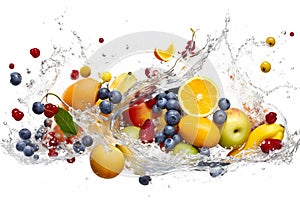 Fresh fruits splashing into clear water