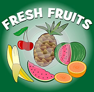 Fresh fruits. Tropical and summer juicy fruits - melon, pineapple, banana, cherry and orange, fruit pictures