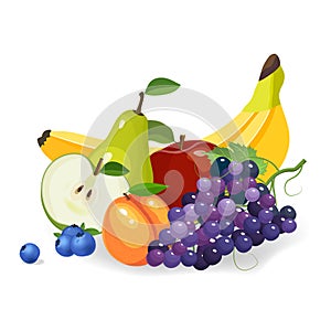 Fresh fruits vector illustration. Healthy diet concept. Organic fruits and berries. Mix of fruits on white background