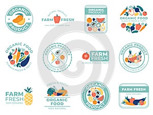 Fresh fruits and vegetables badges. Organic food, natural products and summer fruit. Vegetable badge vector illustration