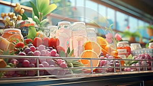 Fresh fruits, vegetables on the shelf in the store in the supermarket background. AI generated