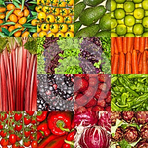 Fresh fruits and vegetables collage, healthy vegan vegetarian nutrition food