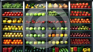 Fresh fruits and vegetables displayed on refrigerated shelf in supermarket aisle, Ai Generated