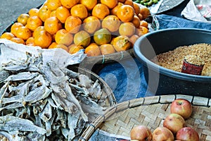 Fresh Fruits, Vegetables and dried fish on a Farmers Market