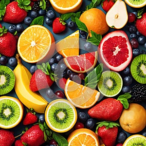 Fresh fruits and vegetables, fruit salad decoration flatlay background, acrylic painting, generative AI
