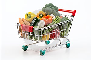 Fresh fruits and vegetables in fully stocked supermarket cart, isolated on white background