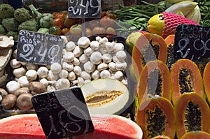 Fresh fruits and vegetables in a market