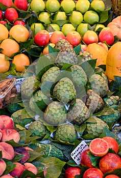 Fresh fruits and vegetables, market stall, food background