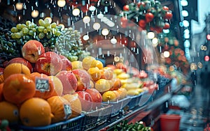 Fresh fruits and vegetables at market stall on rainy day