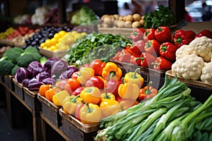 fresh fruits and vegetables on a market stand