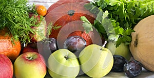 fresh fruits and vegetables, pumpkins, apples, greens, plums, au