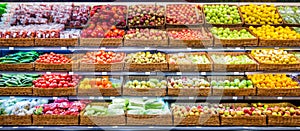 Fresh fruits and vegetables on shelf in supermarket