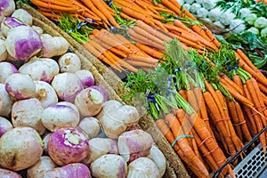 Fresh fruits, vegetables on a shelf in the supermarket. Farm market vegetable zone. Various of organic fresh vegetables