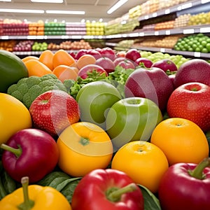 Fresh fruits and vegetables on the shelf in the supermarket. Generative AI