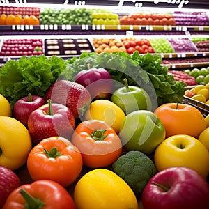 Fresh fruits and vegetables on the shelf in the supermarket. Generative AI