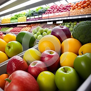 Fresh fruits and vegetables on the shelf in the supermarket. Generative AI