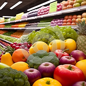 Fresh fruits and vegetables on the shelf in the supermarket. Generative AI