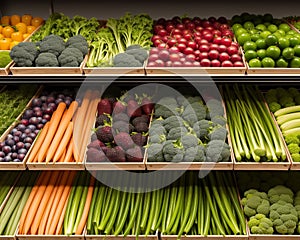 Fresh fruits and vegetables on the shelf in the supermarket. Generative AI