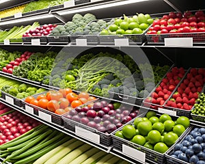 Fresh fruits and vegetables on the shelf in the supermarket. Generative AI