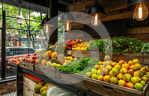 Fresh fruits and vegetables in store. A fruit stand with wooden boxes filled with various fruits like apples