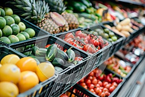 Fresh fruits and vegetables in supermarket aisle