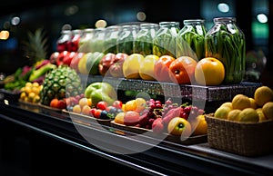 Fresh fruits and vegetables in a supermarket. A display of various fruits and vegetables on a shelf