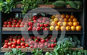 Fresh fruits and vegetables on supermarket shelf