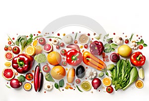 Fresh fruits and vegetables at white, healthy eating, organic food concept AI generative