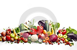 Fresh fruits and vegetables at white, healthy eating, organic food concept AI generative