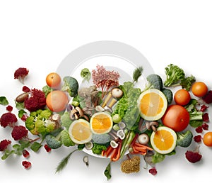 Fresh fruits and vegetables at white, healthy eating, organic food concept AI generative