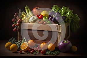 Fresh fruits and vegetables in a wooden box on a dark background.