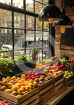 Fresh fruits and vegetables in wooden boxes on the counter of market