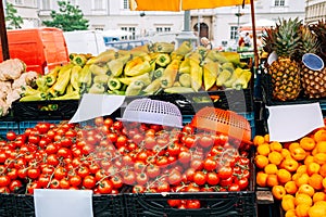 Fresh fruits and vegetables at Zelny trh old town market square in Brno, Czech Republic photo