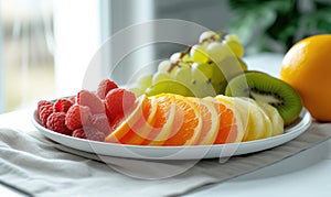 Fresh fruits on a white plate in the kitchen. Healthy eating