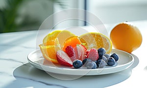 Fresh fruits on a white plate in the kitchen. Healthy eating