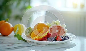 Fresh fruits on a white plate in the kitchen. Healthy eating